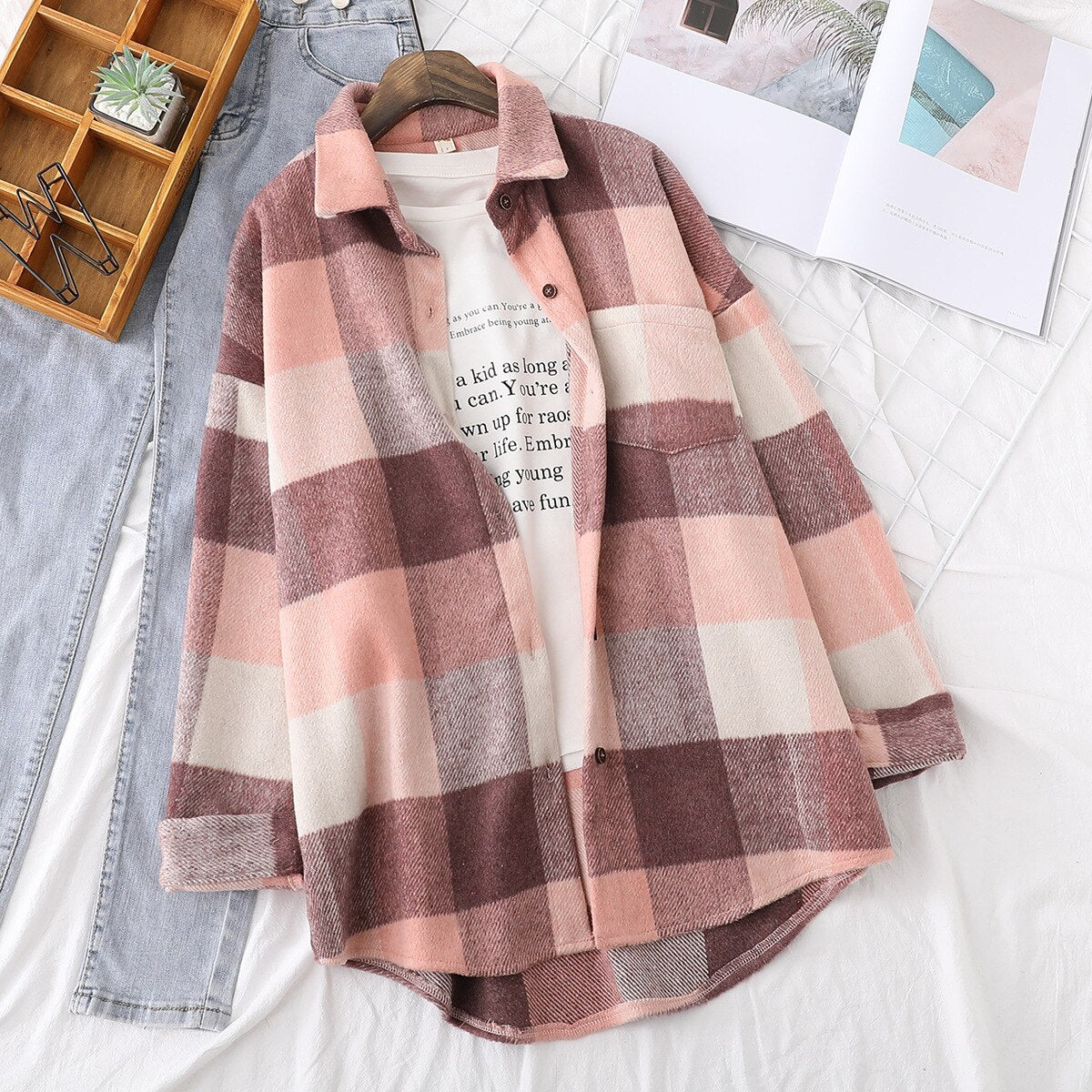 Woolen Plaid Shirts Womens Blouses Winter Thick Long Sleeve Lady Tops Loose Checked Female Clothing Outwear Coat Plus Size