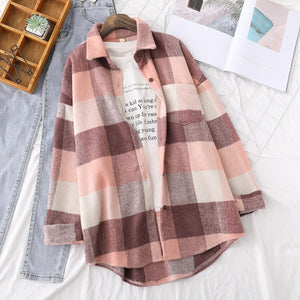 Woolen Plaid Shirts Womens Blouses Winter Thick Long Sleeve Lady Tops Loose Checked Female Clothing Outwear Coat Plus Size