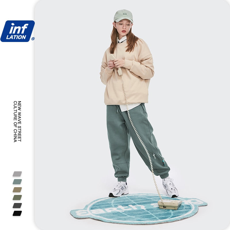 INFLATION Fleece Loose Fit Men Sweatpant In Pure Color 2020 Winter Elastic Waist Sweatpant Streetwear Men Outdoor Pants 3206W