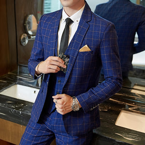 Men Slim Fit Plaid Suit 2pc set Male Wedding Groom Blazers Pants Man Formal Business Work Wear Suits Costume Homme