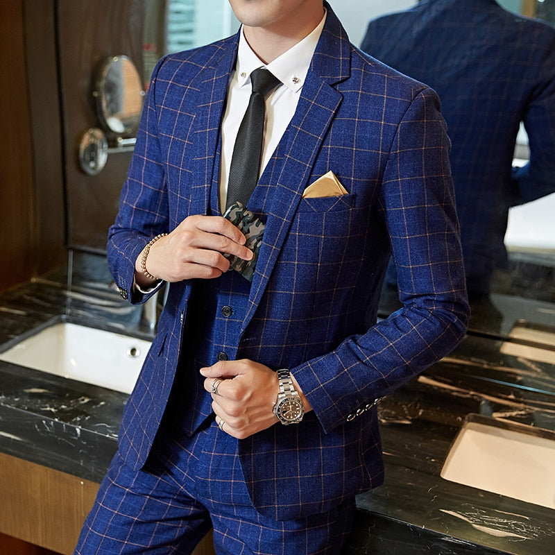 Men Slim Fit Plaid Suit 2pc set Male Wedding Groom Blazers Pants Man Formal Business Work Wear Suits Costume Homme