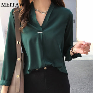 4XL Plus Size Women Chiffon Blouse Shirt Elegant V-Neck Long Sleeve Solid Casual Blouses 2020 Ladies Korean Office Tops