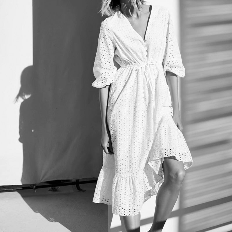 Women Summer ZA White V-Neck Dress 3/4 Sleeve Buttons Bow Tie Slim Casual Female Elegant Party A-Line Dresses Clothes Vestidos
