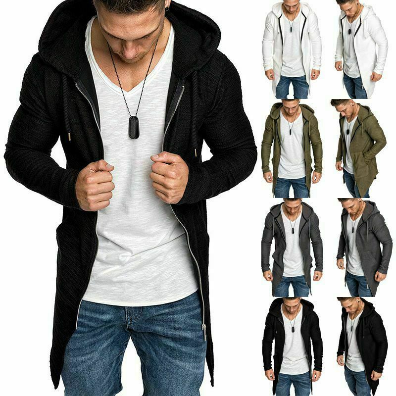 Mens Casual Hoodie Hooded Longline Zip Sweatshirt Sweater Jacket Outwear Coat XL
