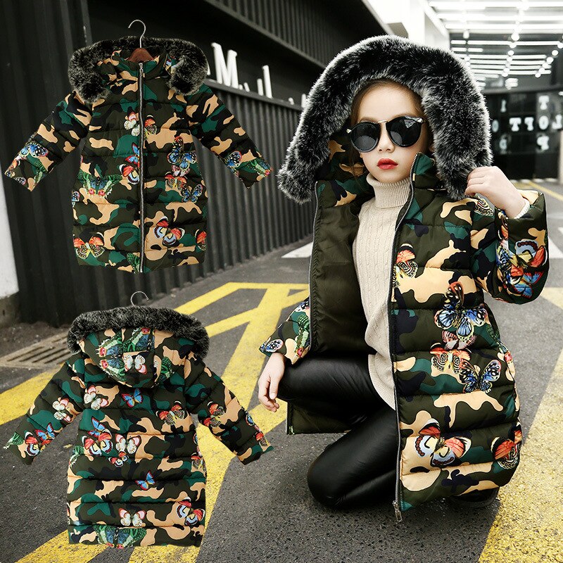 Veste en coton pour filles 3-11 ans vestes en coton pour enfants imprimé dessin animé papillon camouflage filles vestes d'hiver