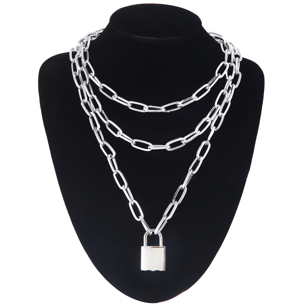 Double layer Lock Chain necklace grunge punk 90s link chain silver color padlock pendant necklace women aesthetic egirl jewelry