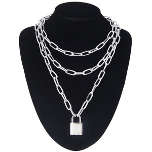 Double layer Lock Chain necklace grunge punk 90s link chain silver color padlock pendant necklace women aesthetic egirl jewelry