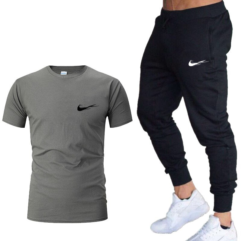 Tracksuit men Training Pants Men Sweatpants+running t-shirts men sets jogging Sportswear men Pants Gym Fitness 2 Piece Set