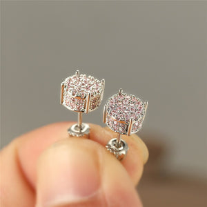Female Luxury Austria Crystal Screw Back Stud Earrings For Women White/Blue/Purple Round Zircon Hip Hop Earrings Wedding Jewelry