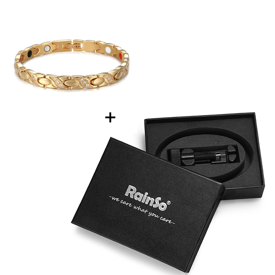 RainSo Stainless Steel Magnetic Women Bracelets Fashion Therapy Jewelry Gold Link Chain with Bio Elements Charm Bracelet Gift