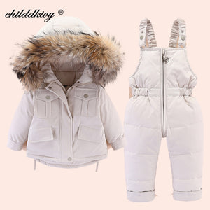 2 pièces ensemble bébé fille hiver doudoune et combinaison pour enfants épaissir chaud fourrure col veste pour filles infantile snowsuit 0-4Year