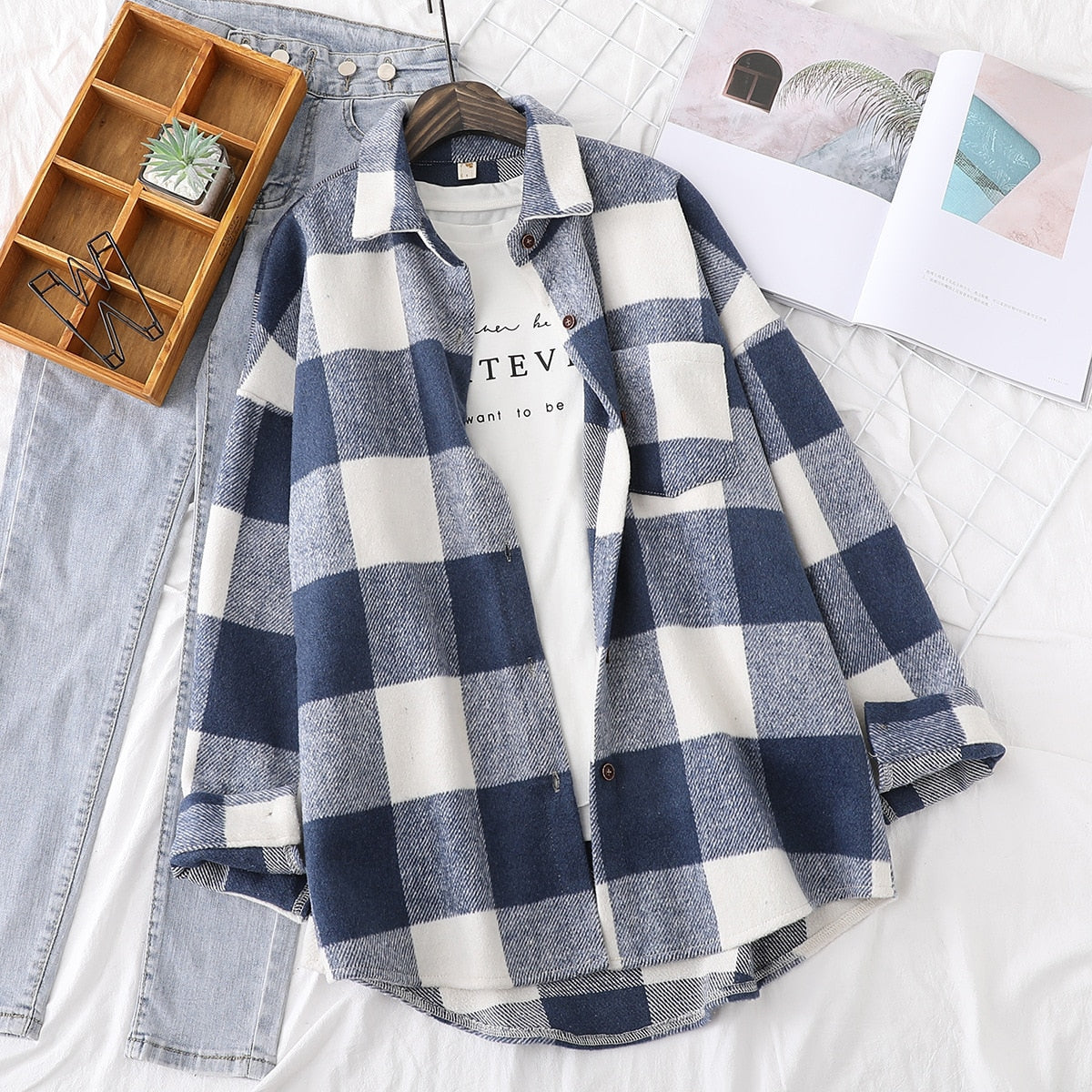 Woolen Plaid Shirts Womens Blouses Winter Thick Long Sleeve Lady Tops Loose Checked Female Clothing Outwear Coat Plus Size