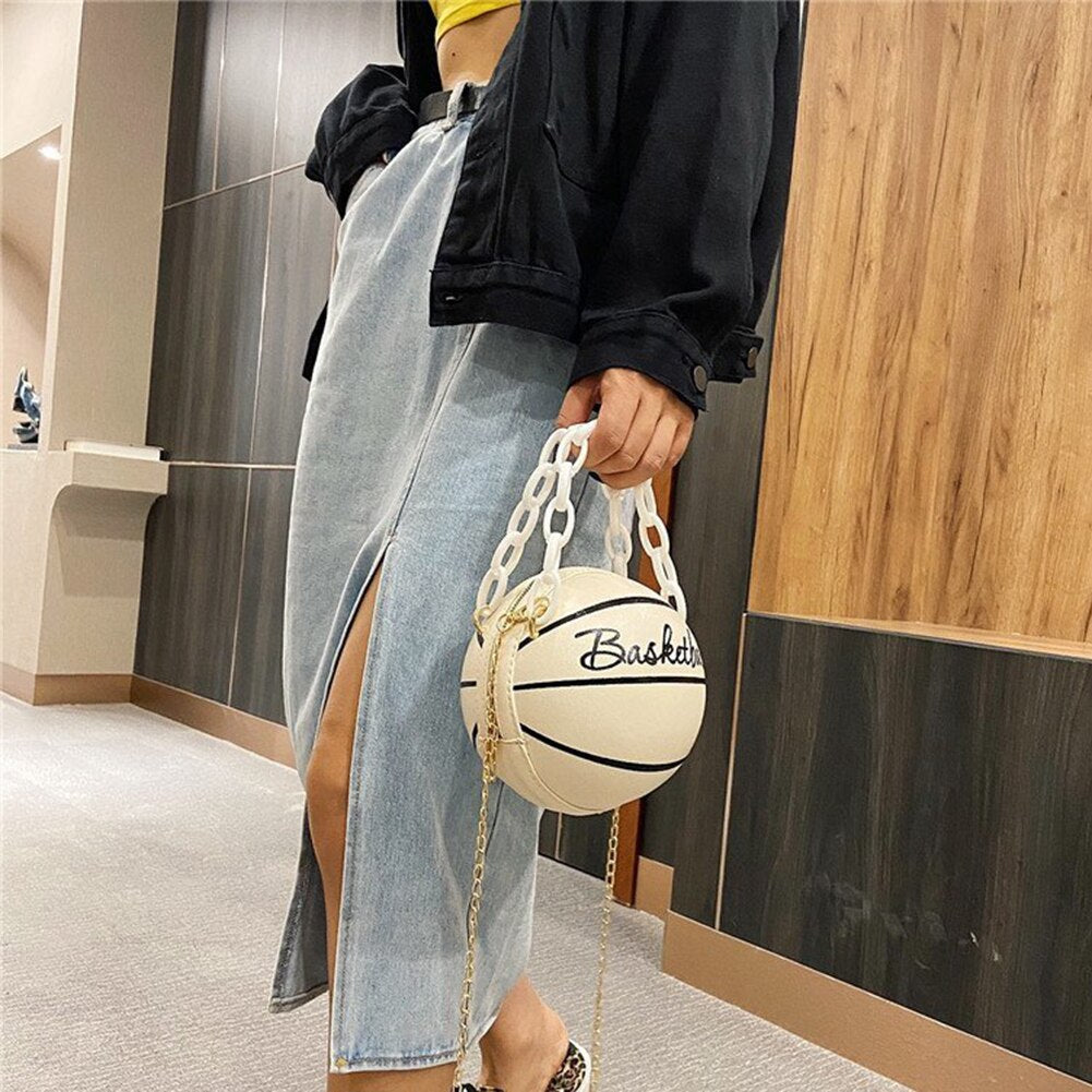 Fashion Basketball Round Shaped Shoulder Bags for Women Acrylic Chain Casual Small Totes PU Leather Messenger Crossbody Handbags