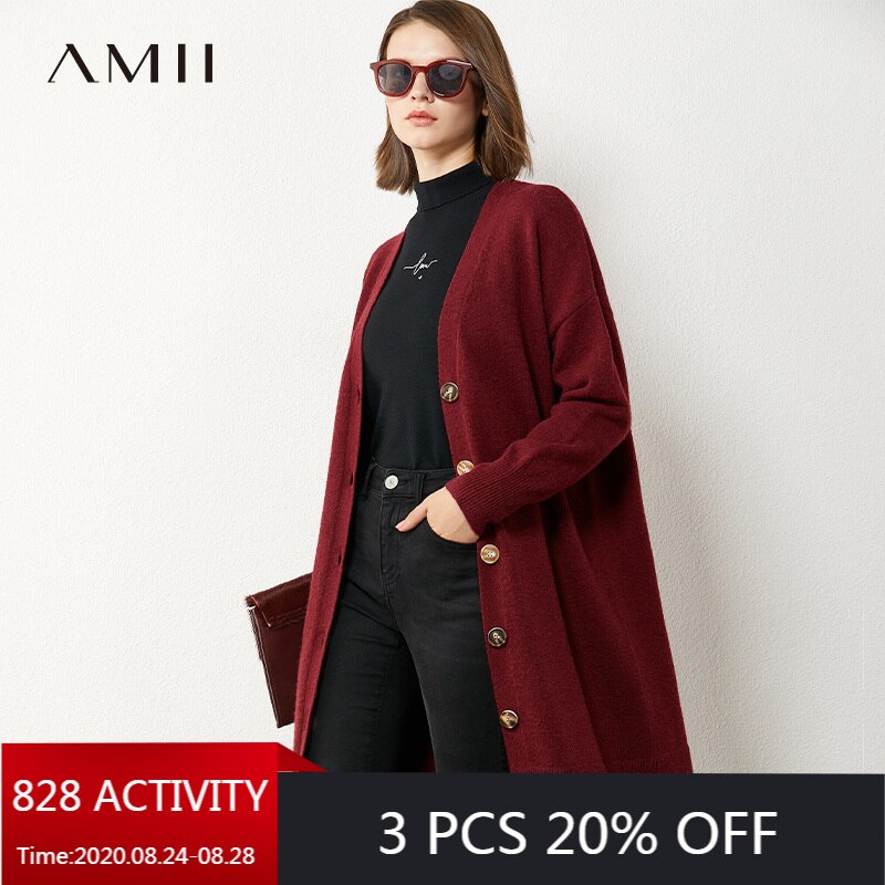 AMII Minimalism Autumn Winter Women Cardigan Fashion Solid Vneck Loose Knitted Women's Overcoat Female Coat Tops 12040478