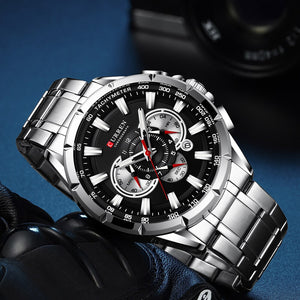 CURREN New Causal Sport Chronograph Men's Watch Stainless Steel Band Wristwatch Big Dial Quartz Watches with Luminous Pointers