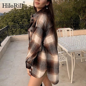 HiloRill Autumn Winter Streetwear Plaid Jacket Women Batwing Long Sleeve Loose Coat Office Casual Pocket Tops Ladies Outerwear