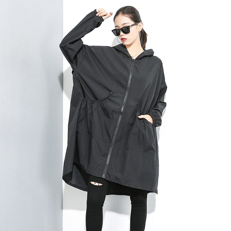 Johnature 2020 Autumn New Thin Casual Long Irregular Trench Women Fashion Loose Hooded Collar Zippers Pockets Female Coats