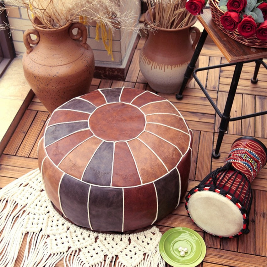 Moroccan PU Leather Pouf Embroider Craft Hassock Ottoman Footstool Round  Large 50*50*25cm  Artificial Leather Unstuffed Cushion