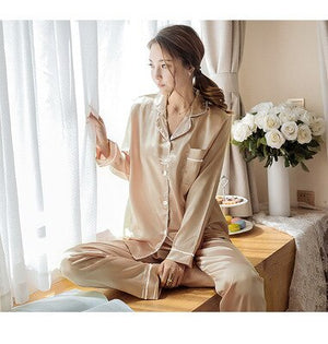 Sleepwear Women's Faux Silk Satin Pajamas Set Nightwear Long Sleeve Pajamas Home Clothes Set For women Sleeping Shirt Home Wear