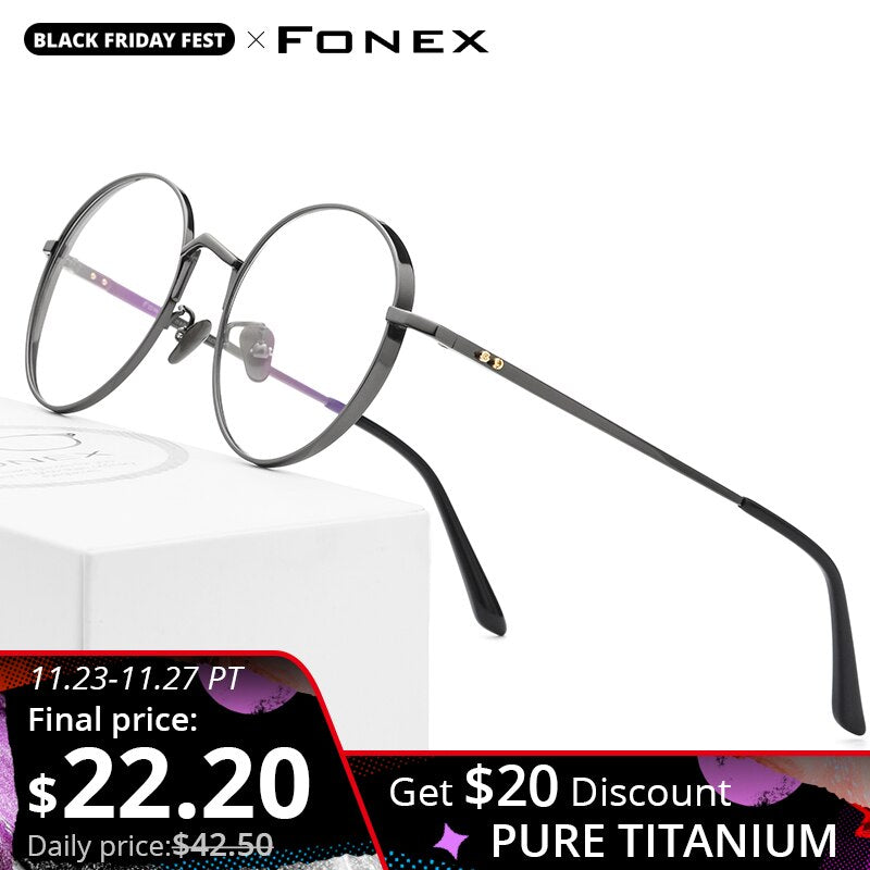 FONEX Pure Titanium Glasses Frame Men Retro Round Myopia Optical Prescription Eyeglasses Frames Women Vintage Eyewear 884