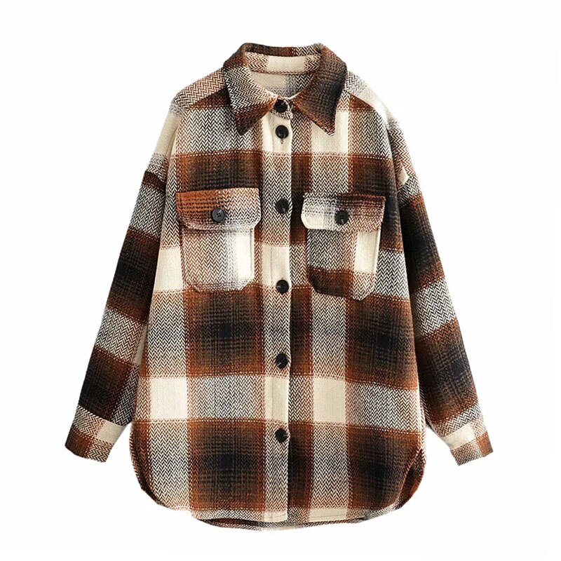 HiloRill Autumn Winter Streetwear Plaid Jacket Women Batwing Long Sleeve Loose Coat Office Casual Pocket Tops Ladies Outerwear