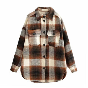 HiloRill Autumn Winter Streetwear Plaid Jacket Women Batwing Long Sleeve Loose Coat Office Casual Pocket Tops Ladies Outerwear