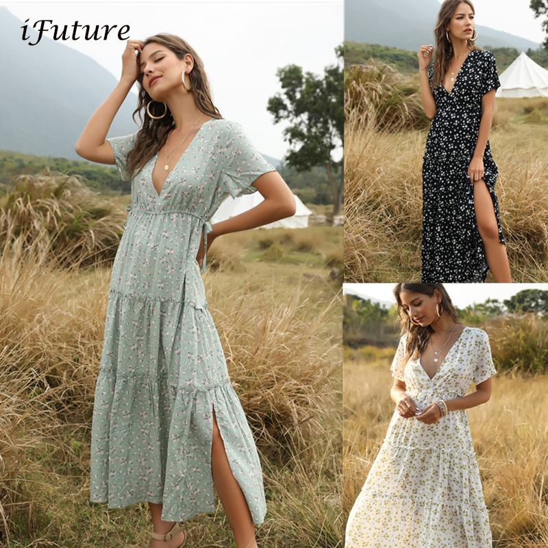 2020 Summer Beach Holiday Dress Women Casual Floral Print Elegant  Boho Long Dress Ruffle Short-Sleeve V-neck Sexy Party Robe