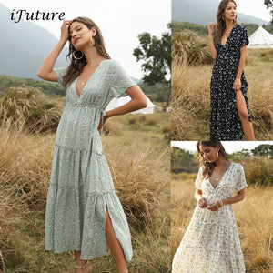 2020 Summer Beach Holiday Dress Women Casual Floral Print Elegant  Boho Long Dress Ruffle Short-Sleeve V-neck Sexy Party Robe