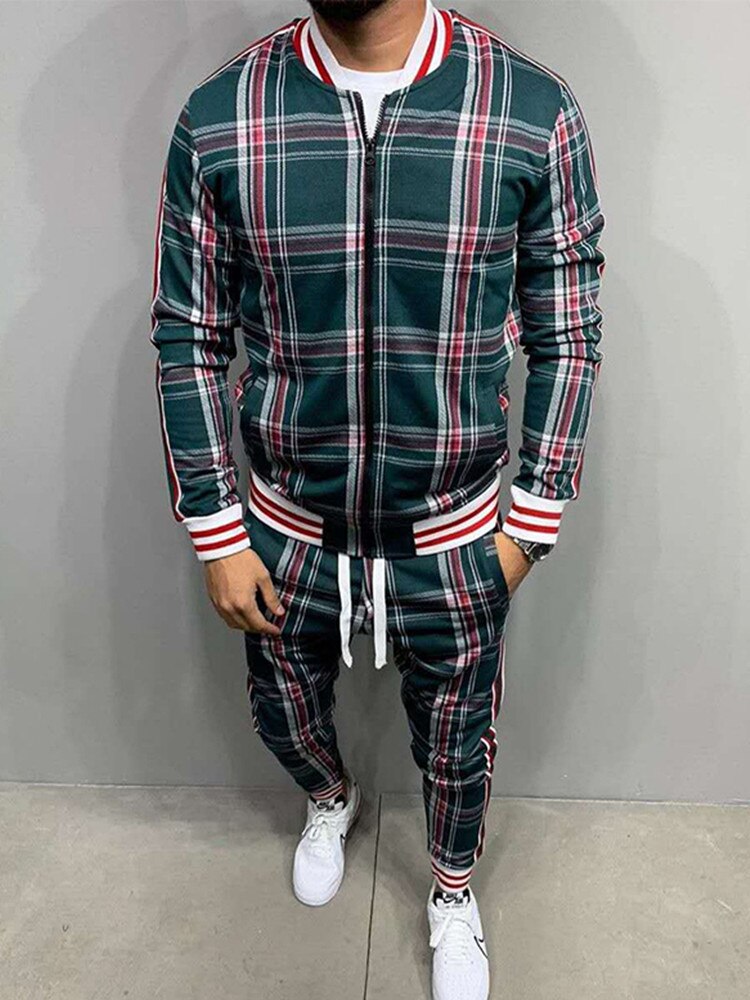 New Colorful Plaid Men Casual Zipper Set Autumn Tracksuit Set Male Sweatshirt Pocket Fashion Jackets Men Tracksuit Sets Mens set
