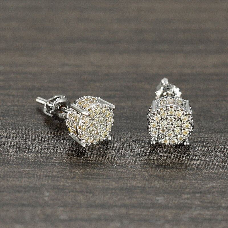 Female Luxury Austria Crystal Screw Back Stud Earrings For Women White/Blue/Purple Round Zircon Hip Hop Earrings Wedding Jewelry