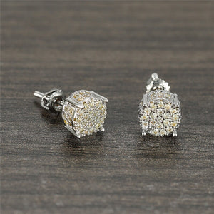 Female Luxury Austria Crystal Screw Back Stud Earrings For Women White/Blue/Purple Round Zircon Hip Hop Earrings Wedding Jewelry