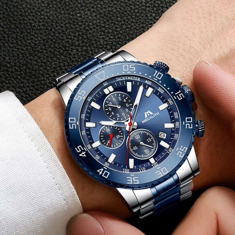 MEGALITH Watches Mens Waterproof Analogue Clock Stainless Steel Waterproof Luminous Watch Men Sports Relogio Masculino With Box