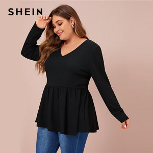 SHEIN Plus Size V Neck Peplum Tee Solid Top Women Spring Autumn Long Sleeve Oversized Stretchy Casual T-shirts