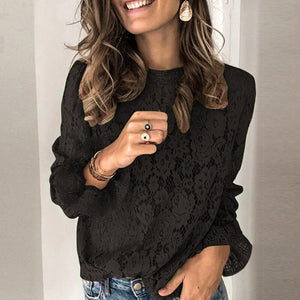 2020 Womens Lace Crochet Flower Blouses shirt Ladies Casual Solid color Long Sleeve Shirts female Spring o neck Hallow Out Tops
