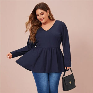 SHEIN Plus Size V Neck Peplum Tee Solid Top Women Spring Autumn Long Sleeve Oversized Stretchy Casual T-shirts