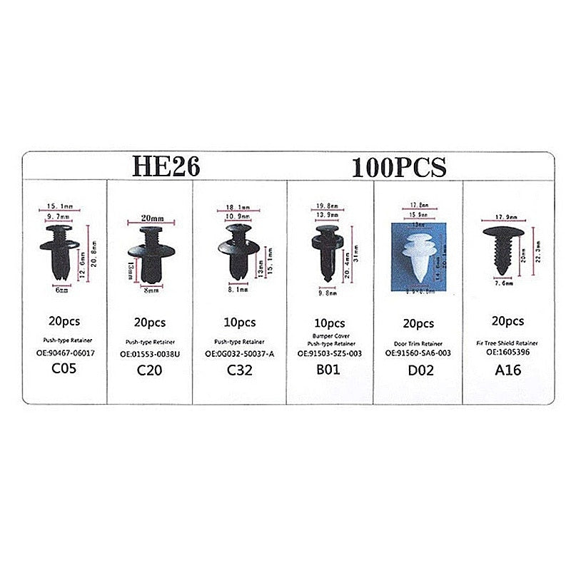 6 Size 100pcs Auto Fastener Car Clips Mixed Body Push Retainer Pin Rivet Bumper Door Trim Panel Retainer Fastener Kit