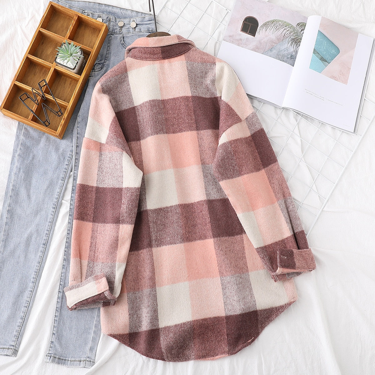 Woolen Plaid Shirts Womens Blouses Winter Thick Long Sleeve Lady Tops Loose Checked Female Clothing Outwear Coat Plus Size