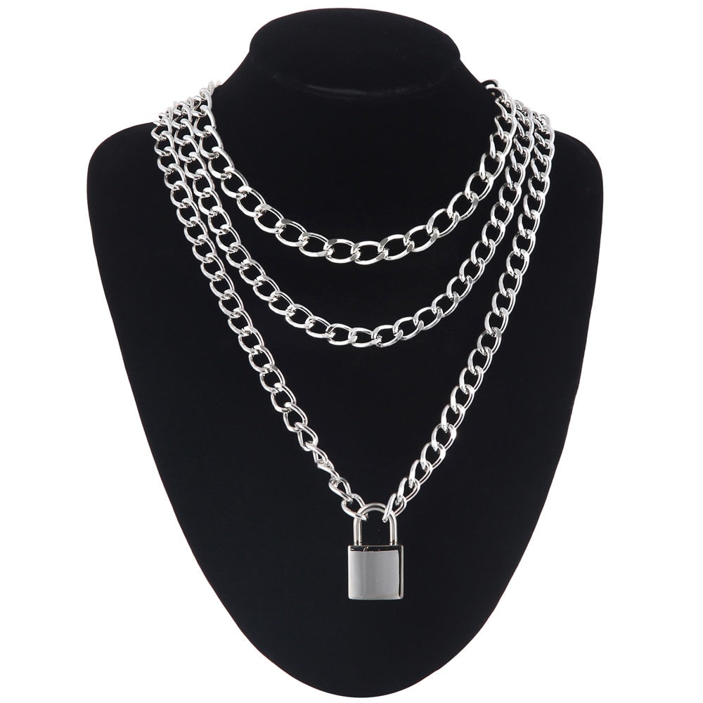 Double layer Lock Chain necklace grunge punk 90s link chain silver color padlock pendant necklace women aesthetic egirl jewelry