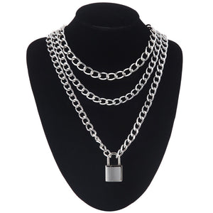Double layer Lock Chain necklace grunge punk 90s link chain silver color padlock pendant necklace women aesthetic egirl jewelry