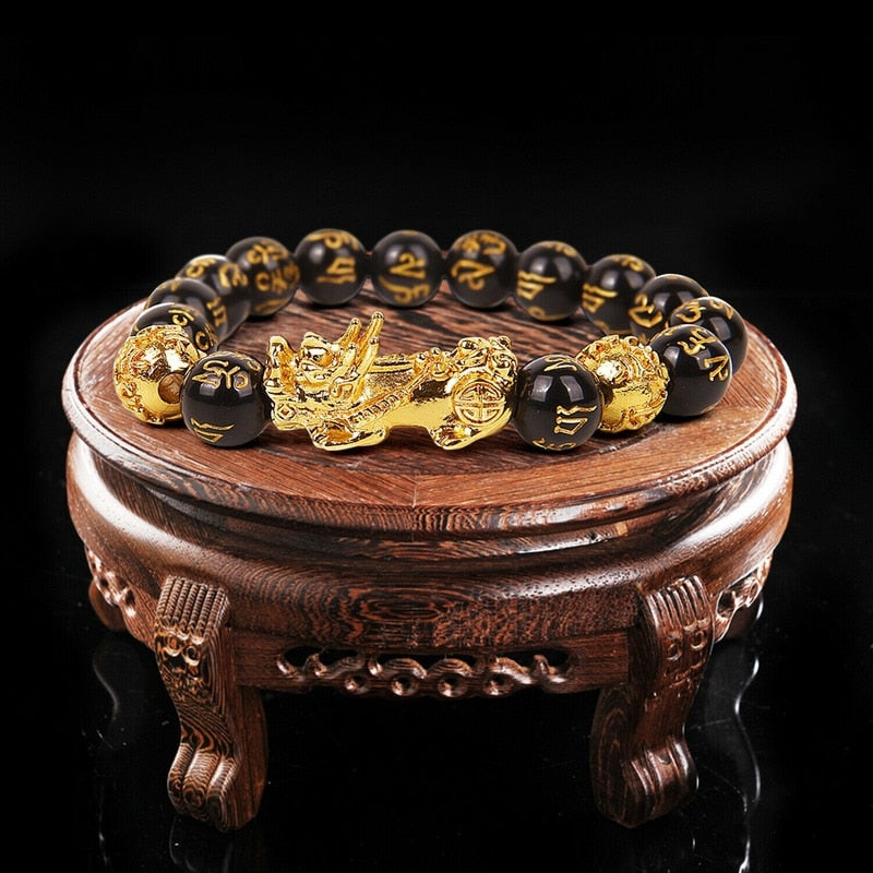 Feng Shui Black Beads Alloy Wealth Bracelet Unisex Wristband Gold Black Pixiu Wealth and Good Luck Women Men Bracelet