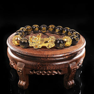 Feng Shui Black Beads Alloy Wealth Bracelet Unisex Wristband Gold Black Pixiu Wealth and Good Luck Women Men Bracelet