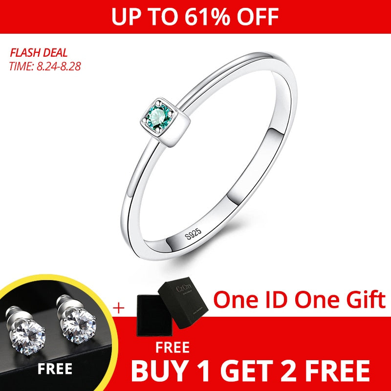 CZCITY Genuine 925 Sterling Silver VVS Green Topaz Wedding Rings for Women Minimalist Thin Circle Gem Rings Jewelry Carving S925