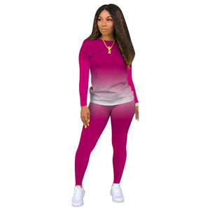Wjustforu deux pièces ensemble femmes mode dégradé imprimé moulante survêtement à manches longues haut + motard Joggers pantalon tenues femme