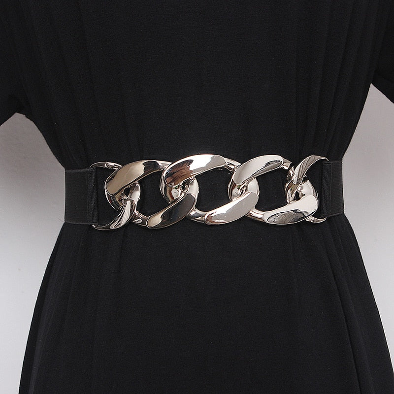 Punk Fashion Women Elastic Belts Designer Luxury Brand PU Thick Chain Waist Strap Dress Coat Sweater Lady Decorative Waistband
