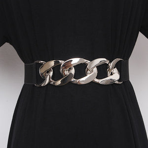 Punk Fashion Women Elastic Belts Designer Luxury Brand PU Thick Chain Waist Strap Dress Coat Sweater Lady Decorative Waistband