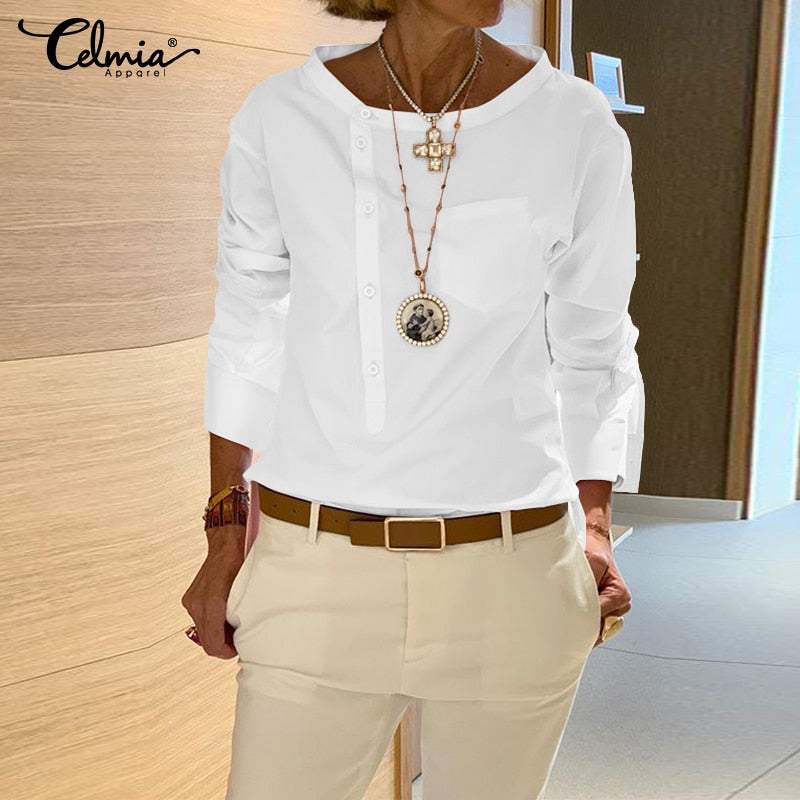 Stylish White Tops Vintage Women Button Casual Shirts 2021 Celmia Plus Size Long Sleeve Blouse Loose Solid Female Clothes Blusas