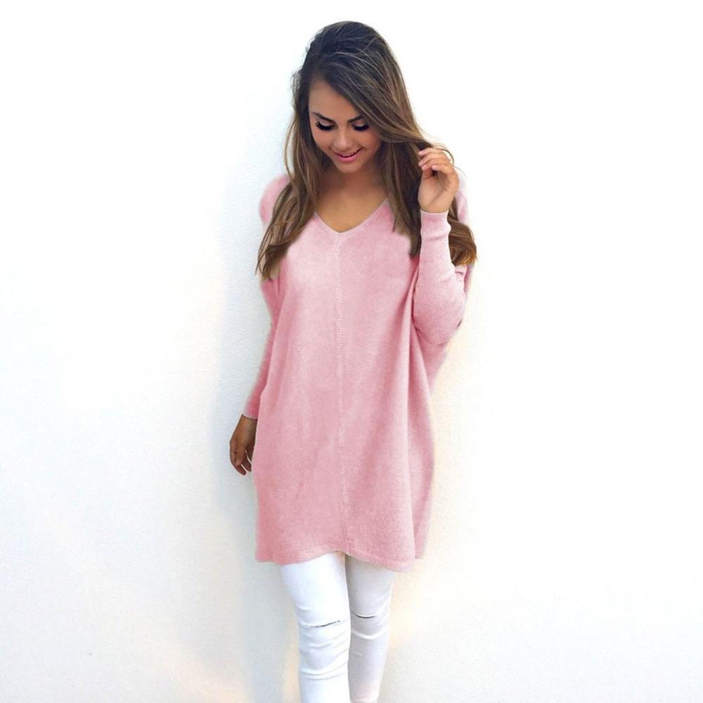 V-Neck Long-Sleeved Women'S Sweater Knitted Long Top Sweaters