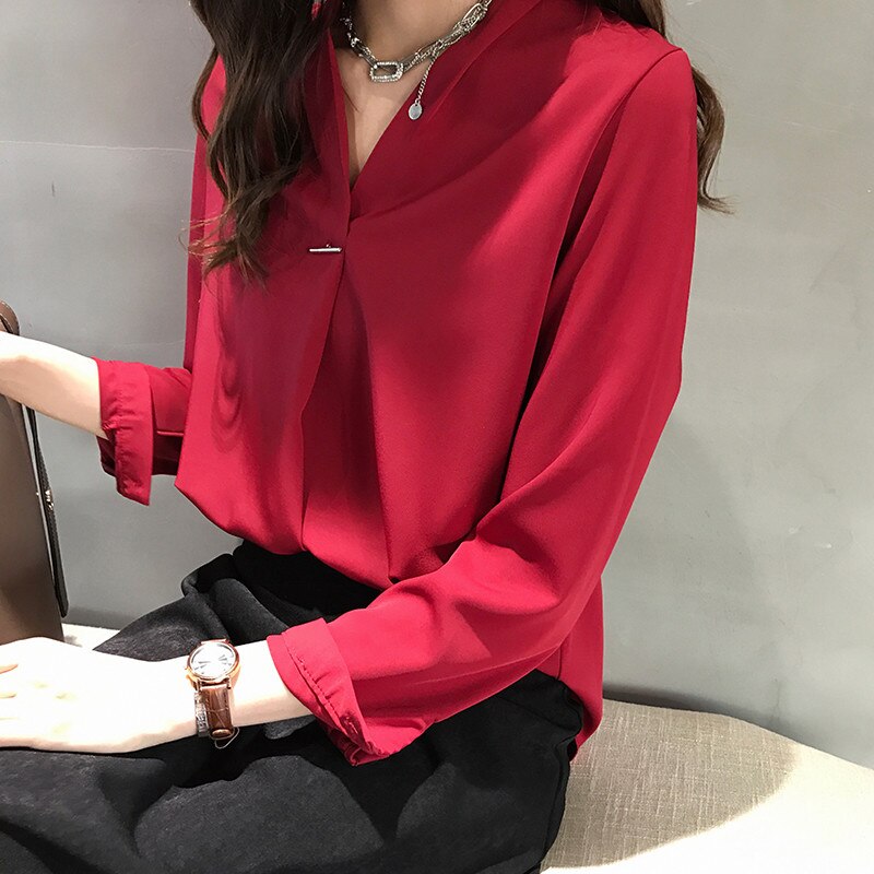 4XL Plus Size Women Chiffon Blouse Shirt Elegant V-Neck Long Sleeve Solid Casual Blouses 2020 Ladies Korean Office Tops