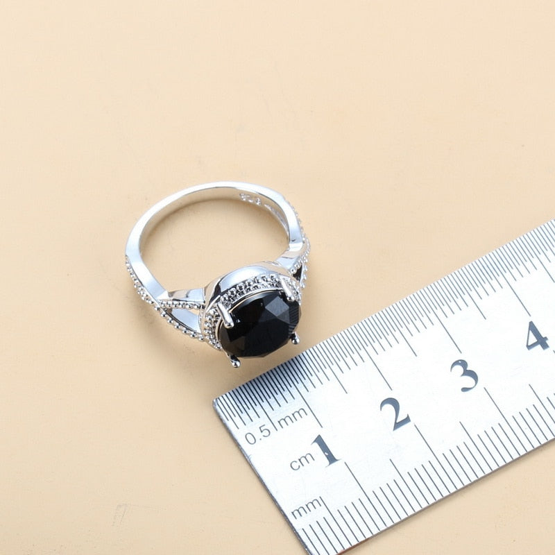 2020 New 925 Silver Wedding Jewelry Sets Black Zircon Dangle Earrings and Necklace Ring 3 piece Set women Trendy Costume