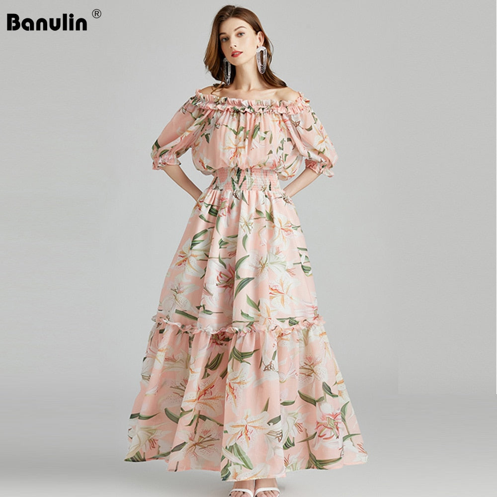 Runway Summer Vacation Dress Women Elegant Slash Neck Off Shoulder Tulip Floral Print Bohemian Lady Long Maxi Dress N7397
